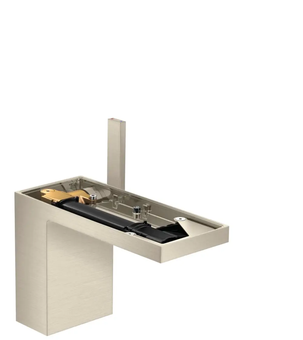 Ein AXOR Waschtischmischer in brushed Nickel mit einem flachen, rechteckigen Design und sichtbarem Innenmechanismus. Der Griff ist vertikal und der Auslauf ist auf der Vorderseite positioniert.